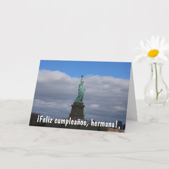 Statue of Liberty NYC Feliz Cumpleanos Hermana Card (Small Plant)