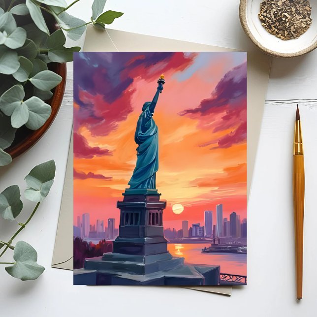 Statue of Liberty NYC Skyline Sunset Watercolor Postcard (Creator Uploaded)