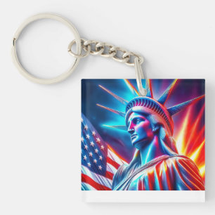 Statue Of Liberty Red White Blue With Flag Key Ring