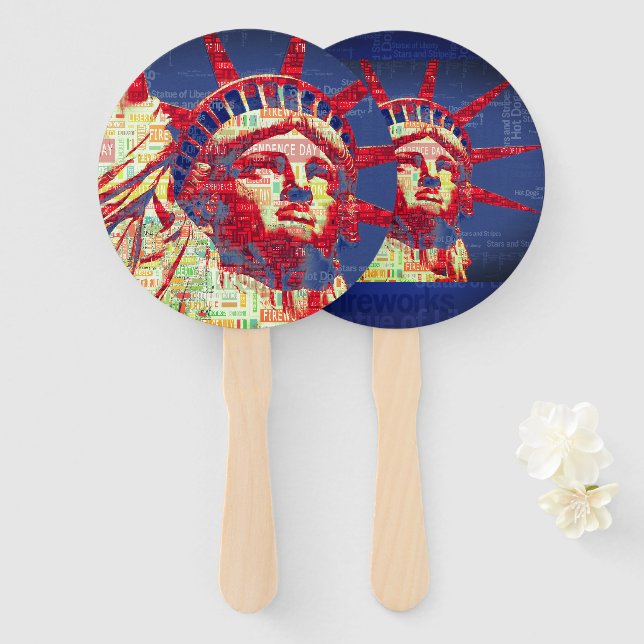 Statue of Liberty with 4th of July Word Cloud Hand Fan (Front and Back)