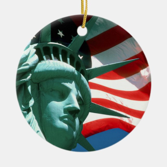 STATUE OF LIBERTY WITH AMERICAN FLAG CERAMIC ORNAMENT (Front)