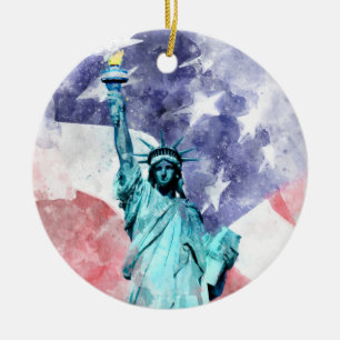Statue of Liberty with flag watercolor Ceramic Ornament