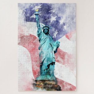 Statue of Liberty  with flag watercolor Jigsaw Puzzle