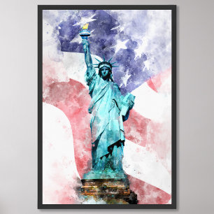 Statue of Liberty with flag watercolor Photo Print