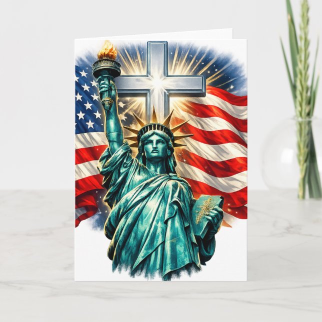 Statue of Liberty with Flags and Cross Card (Front)