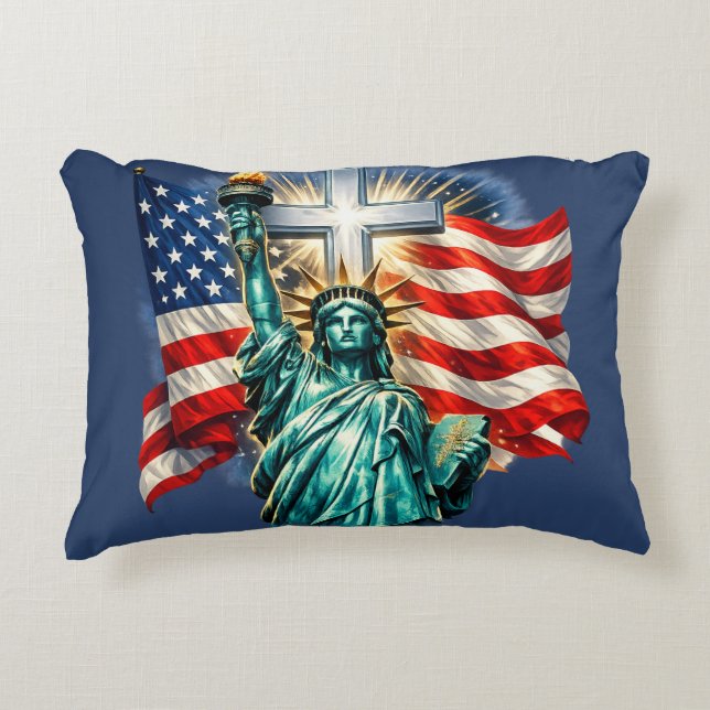 Statue of Liberty with Flags and Cross Decorative Cushion (Front)