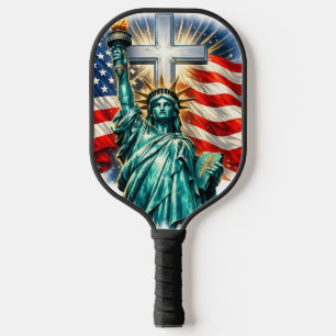 Statue of Liberty with Flags and Cross Pickleball Paddle