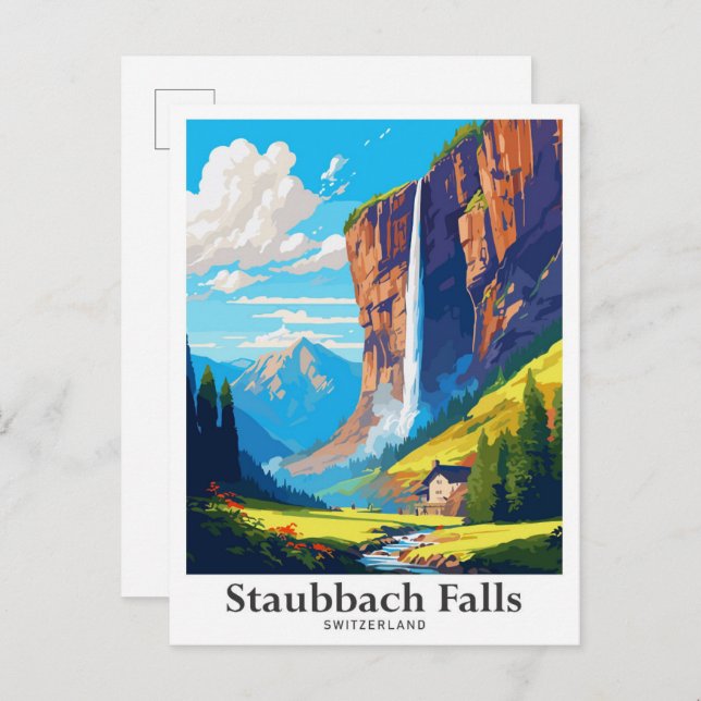 Staubbach Falls Switzerland Travel Illustration Postcard (Front/Back)