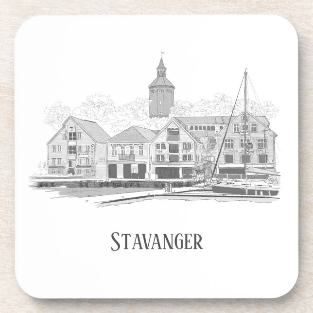 Stavanger Norway Beautiful Streetscape Drawing Coaster (Front)