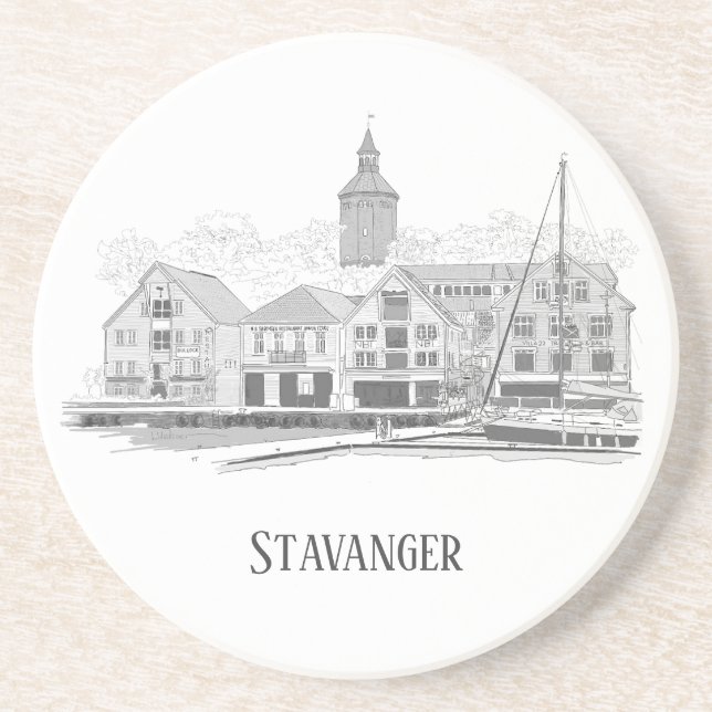 Stavanger Norway Beautiful Streetscape Drawing Coaster (Front)