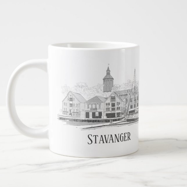 Stavanger Norway Beautiful Streetscape Drawing Large Coffee Mug (Left)