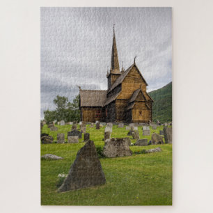 Stave church with graveyard in Norway Jigsaw Puzzle