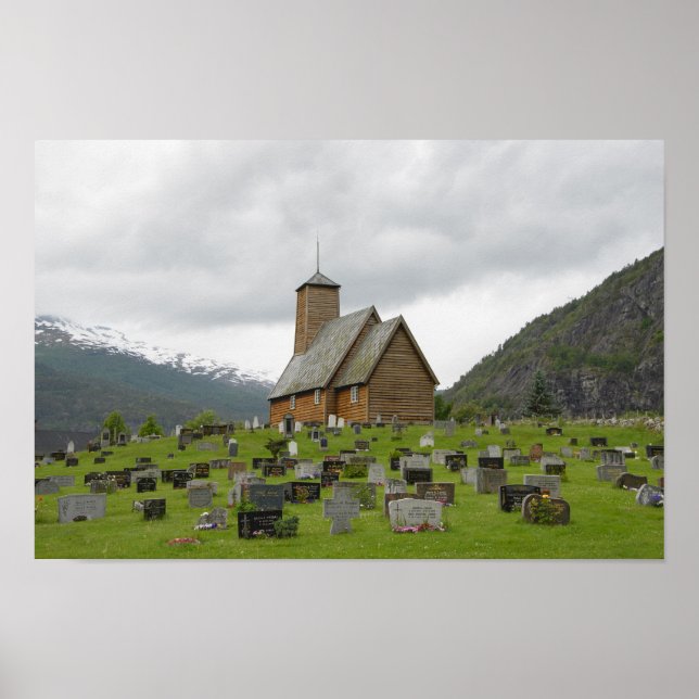Stave church with graveyard in Norway poster (Front)