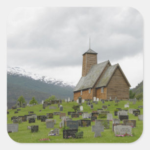 Stave church with graveyard, Norway square sticker