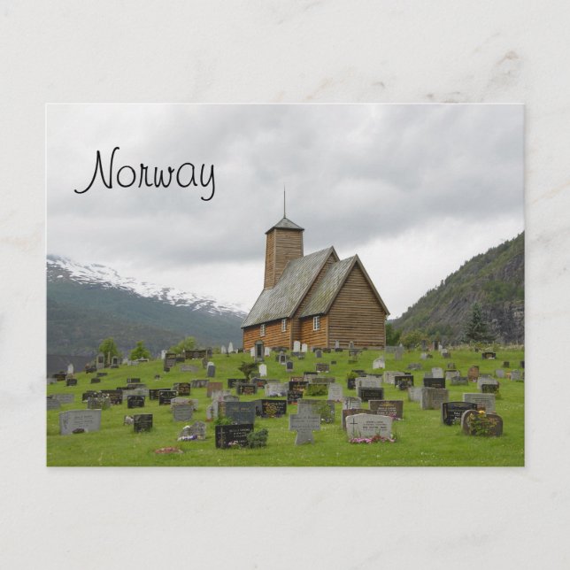 Stave church with graveyard postcard with Norway (Front)