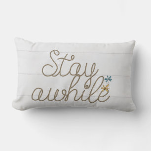 Stay Awhile nautical rope text on whitewashed wood Lumbar Cushion
