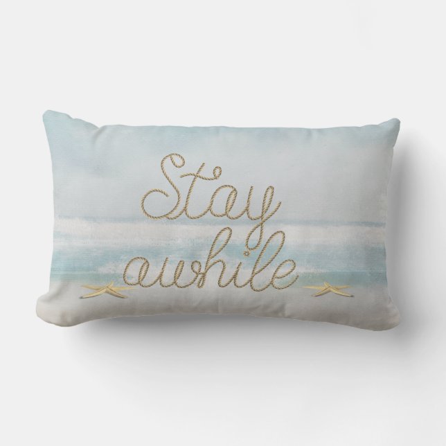 Stay Awhile nautical rope text with starfish Lumbar Cushion (Front)