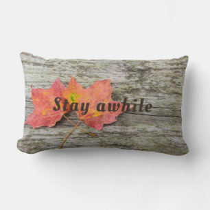 Stay Awhile quote with autumn leaves Lumbar Cushion