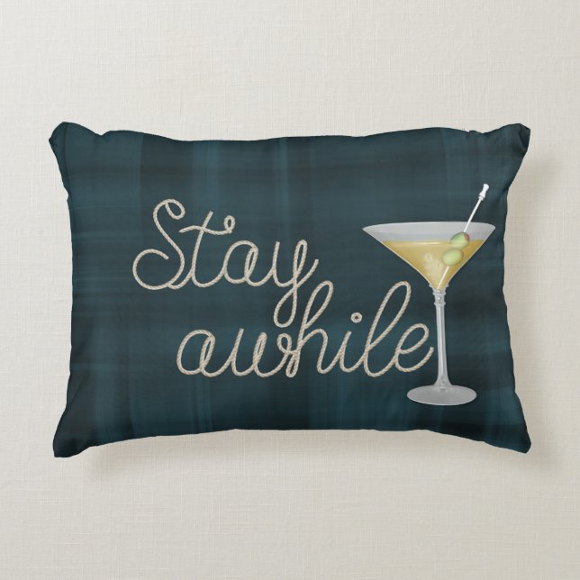 "stay awhile" rope on plaid decorative cushion (Front)