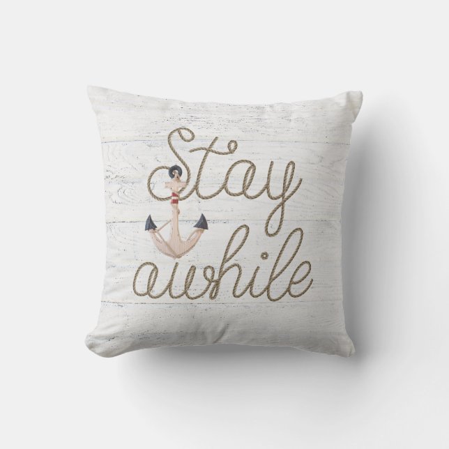 stay awhile rope on whitewashed wood cushion (Front)