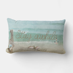 Stay Awhile rope text on watercolor Lumbar Cushion