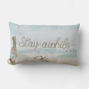 Stay Awhile rope text with anchor and driftwood Lumbar Cushion