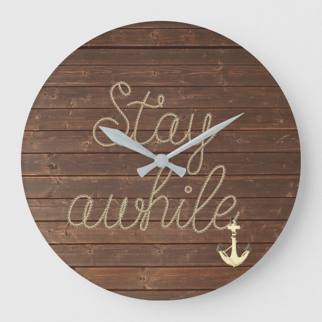 Stay Awhile text in nautical rope on teak Large Clock (Front)