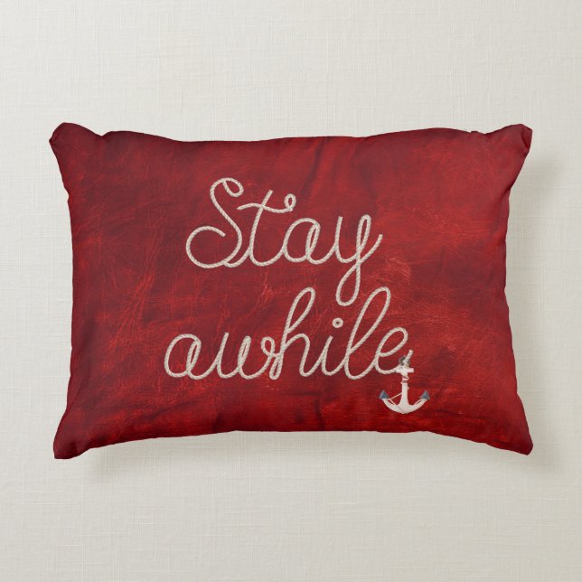 Stay Awhile Text Nautical Rope Accent Pillow (Front)