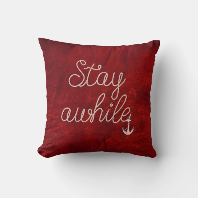 Stay Awhile Text Nautical Rope Accent Pillow (Front)