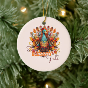 Stay Blessed Y'all with Colourful Turkey  Ceramic Ornament