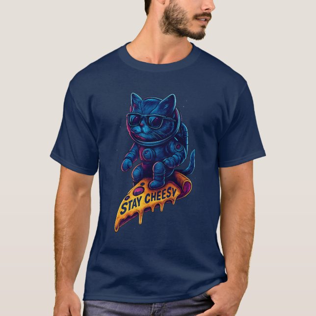 Stay Cheesy Space Cat Funny Astronaut Pizza T-Shirt (Front)