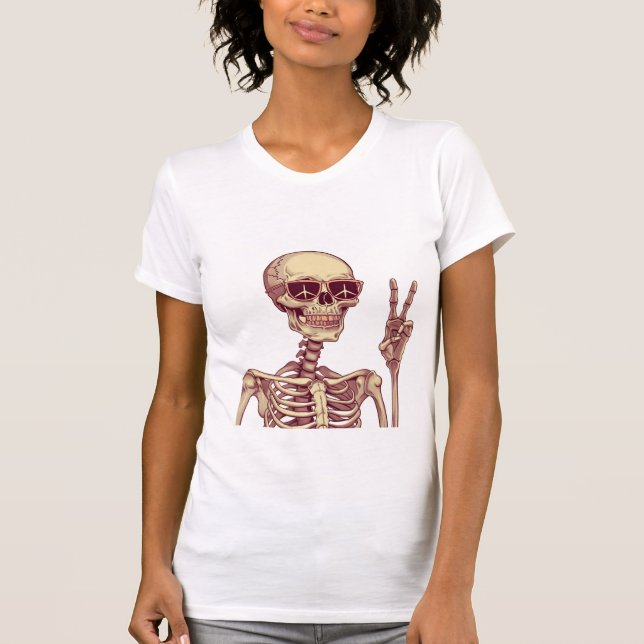 Stay Chill – Retro Skeleton Peace Sign Halloween  T-Shirt (Front)