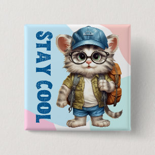 Stay Cool Cat Wearing Glasses Cap Back To School 15 Cm Square Badge