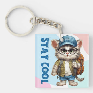 Stay Cool Cat Wearing Glasses Cap Back To School Key Ring