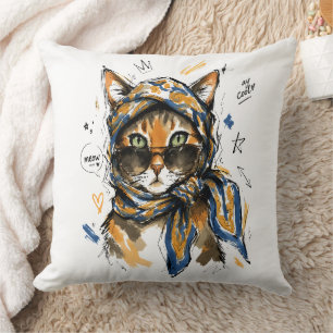 Stay Cool Cat with Sunglasses & Paisley Scarf Cushion