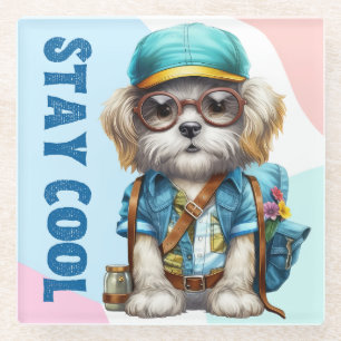 Stay Cool Dog Wearing Glasses Cap Back To School  Glass Coaster