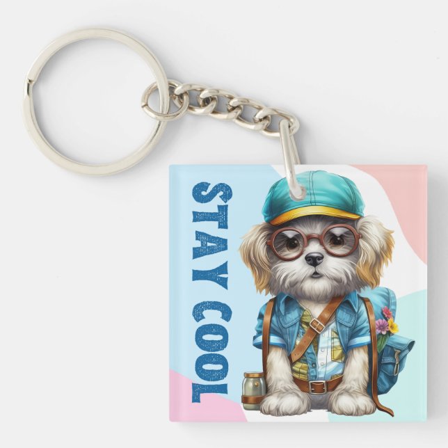 Stay Cool Dog Wearing Glasses Cap Back To School  Key Ring (Front)
