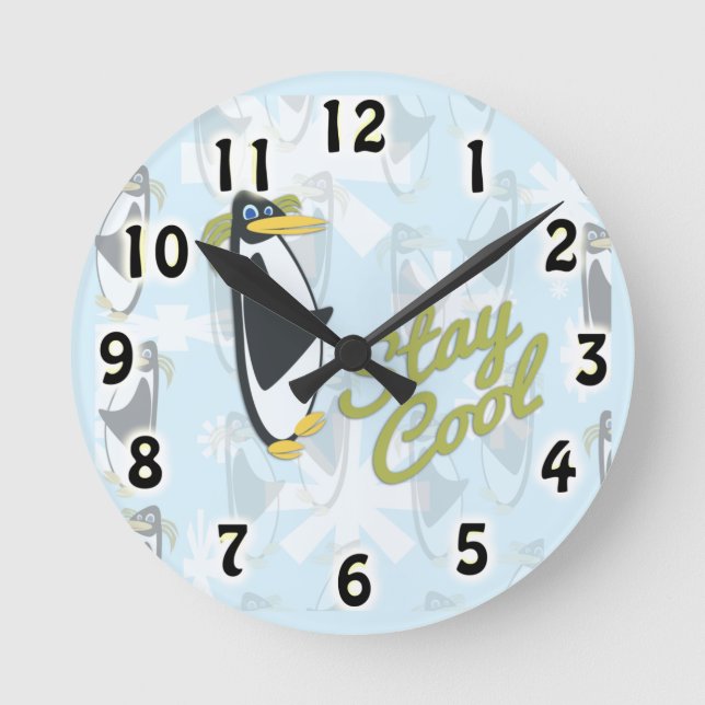 Stay Cool Time Penguin Pal Cute Bird Cartoon Round Clock (Front)