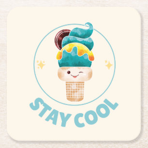 Stay Cool Watercolor Ice Cream Cone Pastel Square Paper Coaster