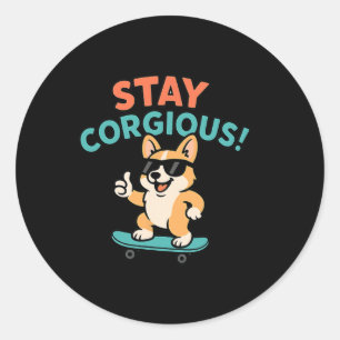 Stay Corgeous – Cute Skateboarding Corgi Cartoon Classic Round Sticker