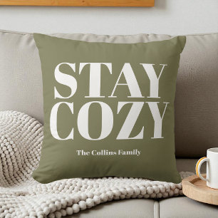Stay Cosy Green Festive White Typography Holiday Cushion