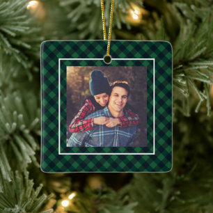 Stay Cosy Trendy Green Buffalo Plaid Family Photo Ceramic Ornament