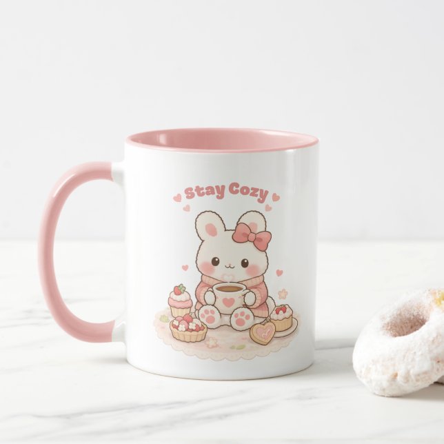 Stay Cozy Cute Bunny Rabbit Sweet Pink Mug (With Donut)