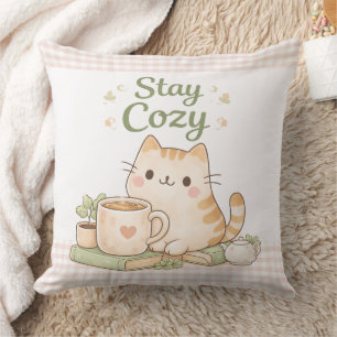 Stay Cozy Cute Kitty Cat Pink Gingham Sweet Home  Cushion