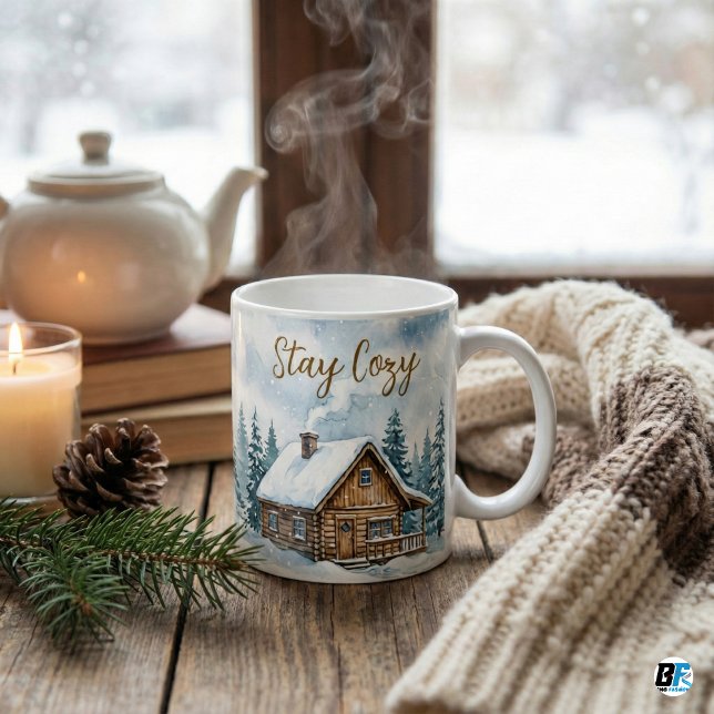 Stay Cozy Winter Cabin Watercolor Snow Rustic Coffee Mug (Stay Cozy )