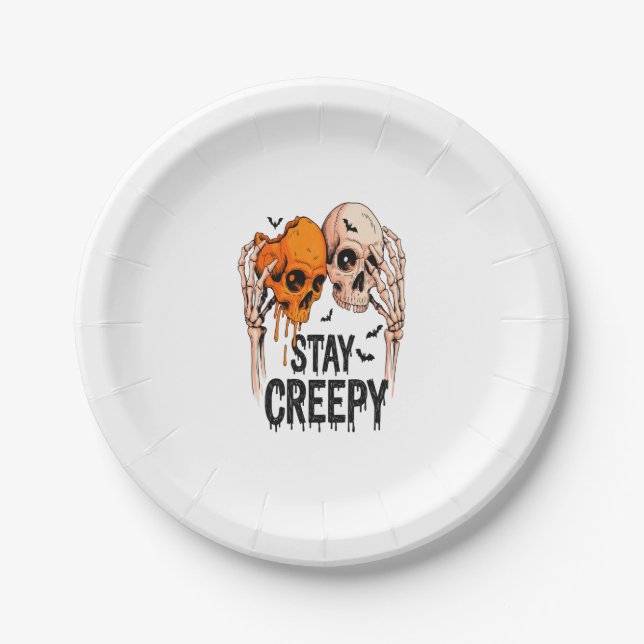 Stay Creepy PNG, Retro Skull Halloween Paper Plate (Front)