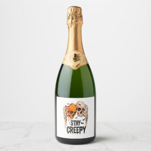 Stay Creepy PNG, Retro Skull Halloween Sparkling Wine Label