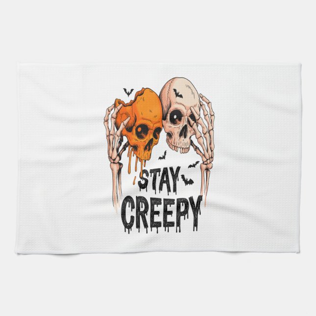 Stay Creepy PNG, Retro Skull Halloween Tea Towel (Horizontal)