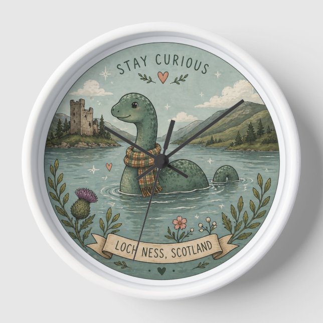 Stay Curious Cosy Cryptid Nessie Loch Ness Monster Clock (Front)