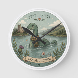 Stay Curious Cosy Cryptid Nessie Loch Ness Monster Round Clock